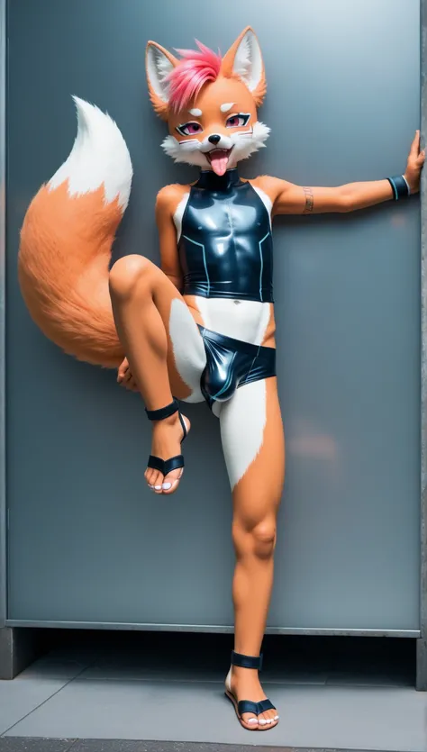 (Alone),( Metal Bulge),(Furry),a killer pink fox，(full body),(((stirrup)))，Clear bulge，kemono,(((transparent))),(( clear wear)),((Shota))，  cyberpunk，technophilia，((do the splits)),(Disdainful expression)，((Condescending))，((Spit your tongue in a flirtatio...