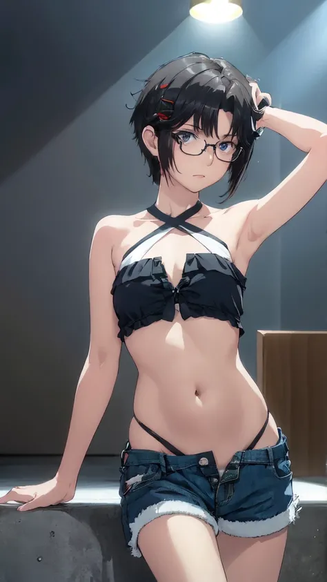  dark skin ,    dark eyes   , tomboy

 Fraction _9,  Fraction _8_up,  Fraction _7_up, source_  cartoon,
   Dark Hair,    black eyes ， Dark Hair夾, Bangs，Glasses, Slim Short Hair  ，  Dark Hair Clip，
Forehead   , Black Strapless Top,  Bare shoulders , clavicl...