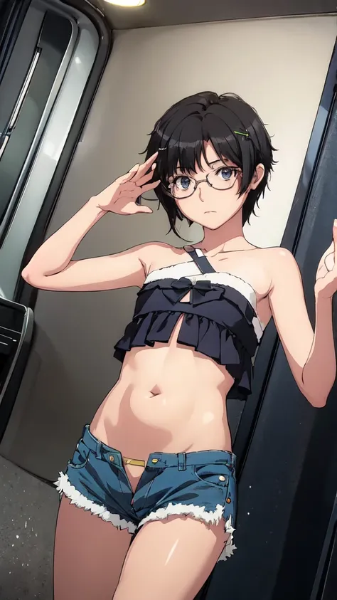  dark skin ,    dark eyes   , tomboy

 Fraction _9,  Fraction _8_up,  Fraction _7_up, source_  cartoon,
   Dark Hair,    black eyes ， Dark Hair夾, Bangs，Glasses, Slim Short Hair  ，  Dark Hair Clip，
Forehead   , Black Strapless Top,  Bare shoulders , clavicl...