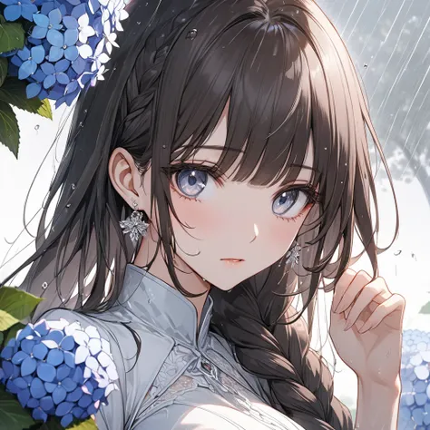 4k , 8k , (only 1 female long straight balck brown hair with full bangs dark blue grey eyes), braid hair , very long hair , novel , manhwa , beautiful woman , very details , perspective , good focus , hair details , very anime eyes detais  , ตรงตามกายวิภาค...