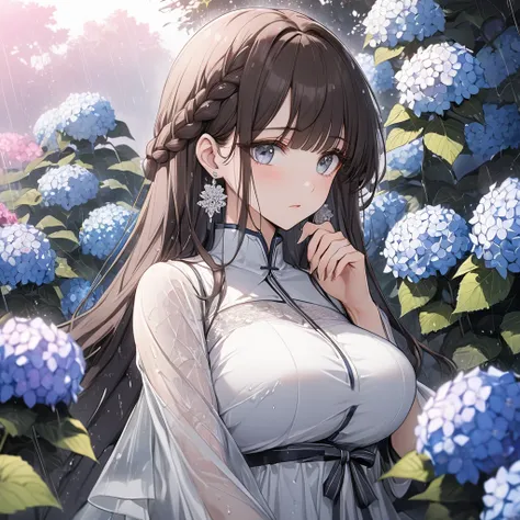 4k , 8k , (only 1 female long straight balck brown hair with full bangs dark blue grey eyes), braid hair , very long hair , novel , manhwa , beautiful woman , very details , perspective , good focus , hair details , very anime eyes detais  , ตรงตามกายวิภาค...