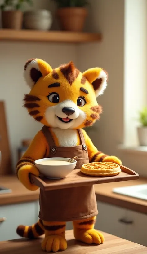 "Mini Tiger stands in a bright, inviting kitchen, confidently presenting a wooden tray with key ingredients: a bowl of smooth waffle batter, a small dish of cinnamon, and a ‘mystery’ ingredient slightly hidden or blurred to create intrigue. He wears a styl...