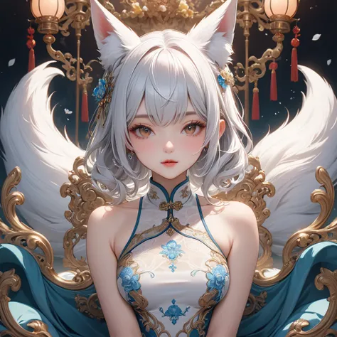 Miss， Masterpiece， best quality，【8k， delicate skin texture ， delicate fabric texture ， Beautiful Detailed Face ， Wrong complex details ， Super Detailed ，wonderland，Chest，（ white hair） fox ear、專注於 fox ear，Chinese cheongsam