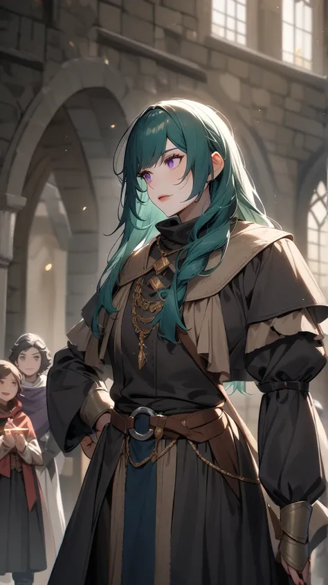 A woman with dark blue green hair and purple eyes, a magician wearing black, medieval style.