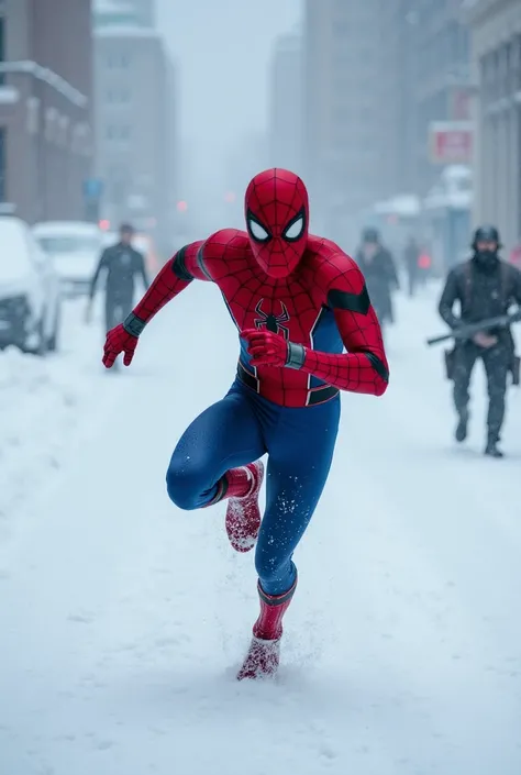 an image featuring Spider-Man, specifically the version from the Marvel Cinematic Universe (likely from Spider-Man: Homecoming or Avengers: Infinity War, given the suit design), in a dynamic running pose across a snowy, icy landscape. His red and blue suit...