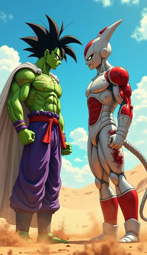 "On a scorching desert battlefield under a bright, clear blue sky, Demon King Piccolo and Frieza stand face to face, their bodies tense with battle readiness. Demon King Piccolo, with his green muscular body, wearing a purple gi, red belt and white cape, h...