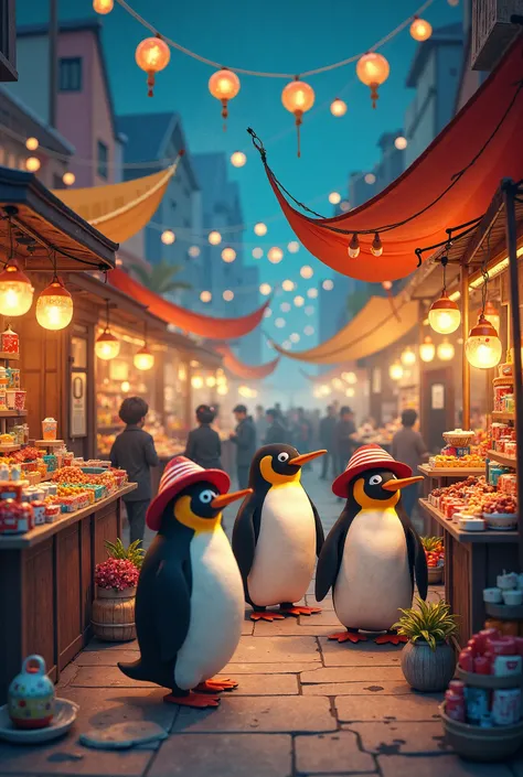 Imagine a whimsical bustling night market with pinguins