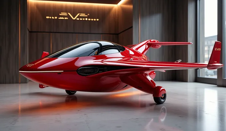 A front right side view (2026 Eve Air Mobility s eVTOL)2025 color (red) luxury in showroom