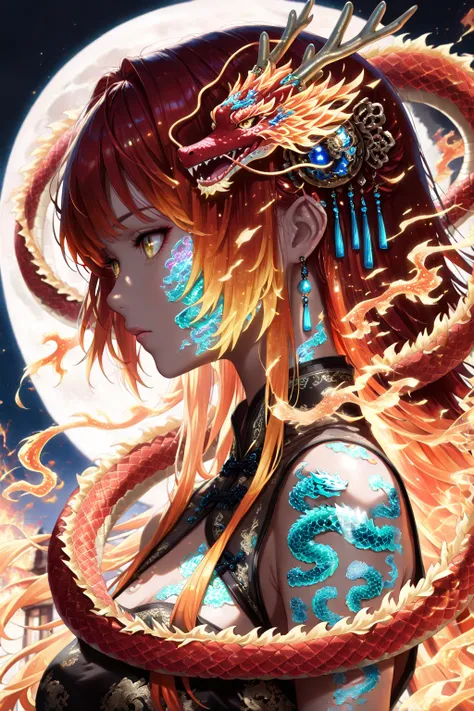 1girl, golden eyes, red hair, long hair, Woman with fire dragon tattoos on her body in front of a full moon, Light novel cover art, chinese dragon scales, Profile portrait of anime girl, Pale orange and light red atmosphere, Bioluminescent skin!, Dark cute...