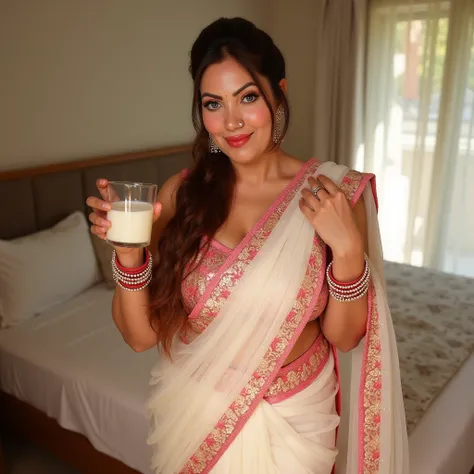 Indian beautiful woman sexy bhabhi, Copper colour strapless Sleeveless blouse,very deep cleavage,curvy plus size model wearing transparent white pink floral color saree ,Copper colour satin glossy strapless sleeveless blouse, plenty of red and white bangle...