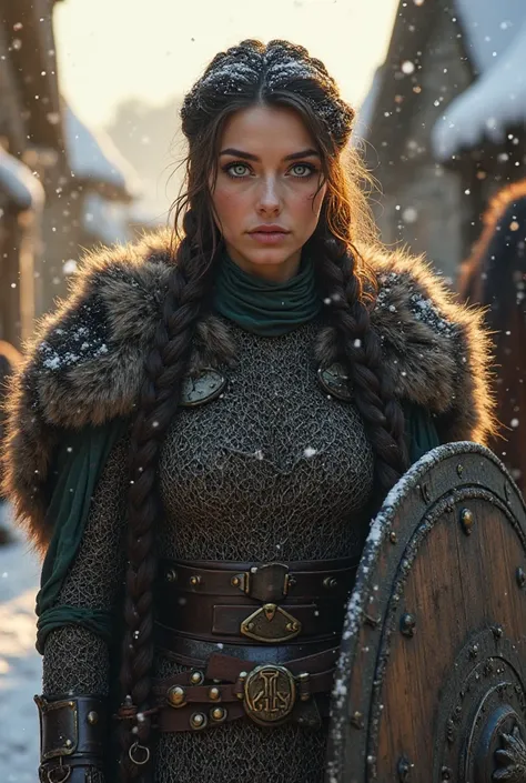 Ultra-realistic, high-fantasy warrior portrait of a fierce female warrior with piercing blue eyes and long, dark brown hair styled into two thick, intricately woven braids. She stands in a snowy medieval village, illuminated by golden winter sunlight filte...