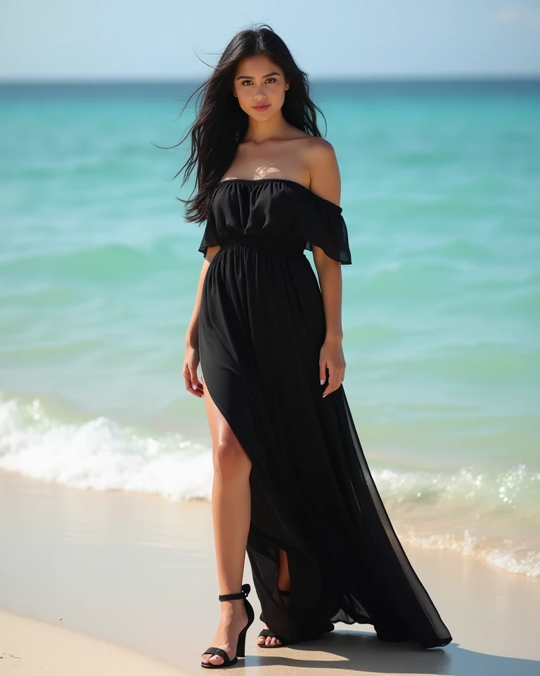 Hyper realistic photoshoot of a beautiful young woman with a slightly plump body. on a very beautiful beach with beautiful scenery. she is wearing a long off shoulder black beach dress and black heels with a black hair the picture is very clear and realist...