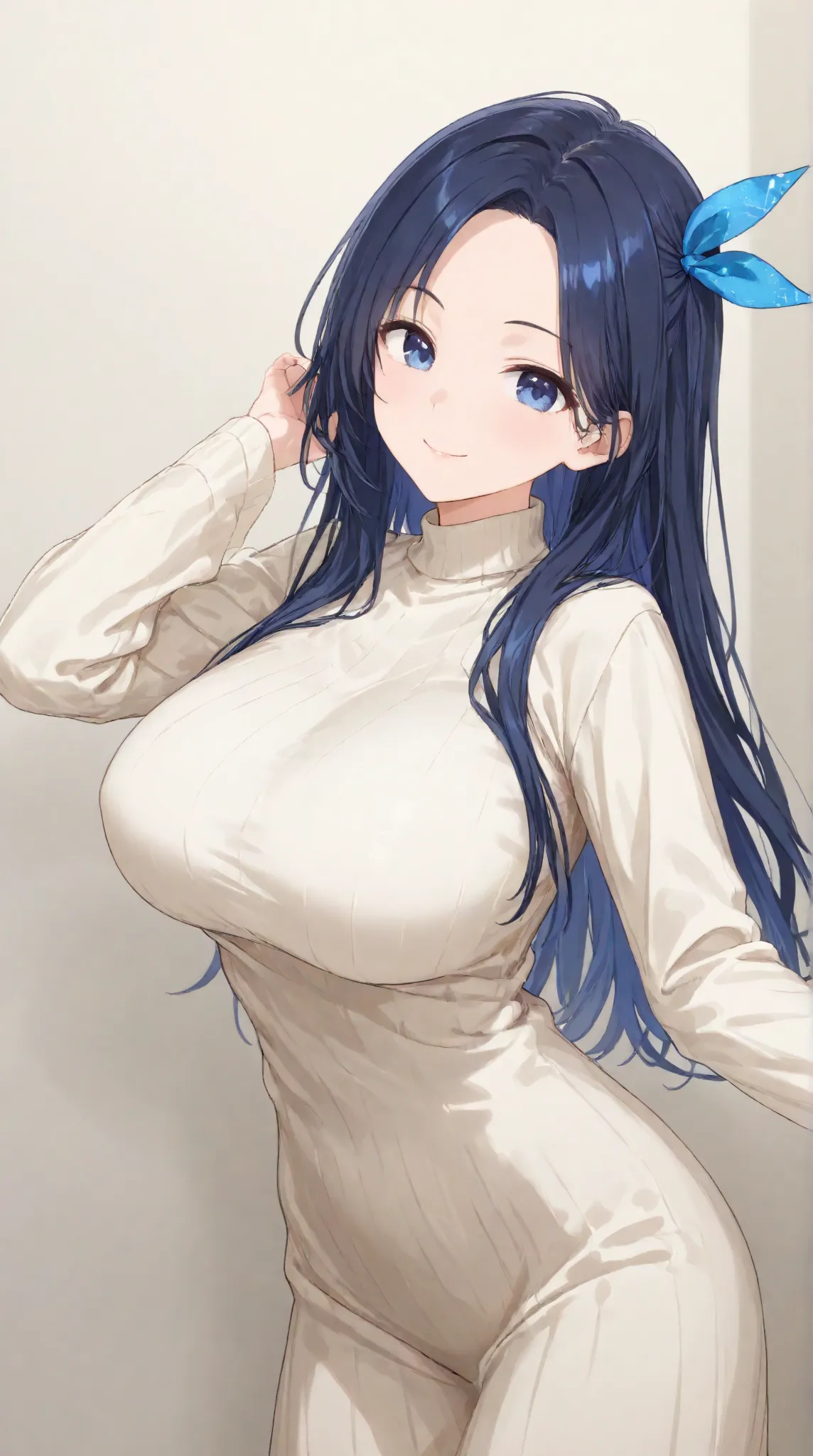 Big Breasts,   long hair,   black hair , bangs,    ,  smile  , （One girl 1.5）, blue hair ribbon、（ 1.5）solo、