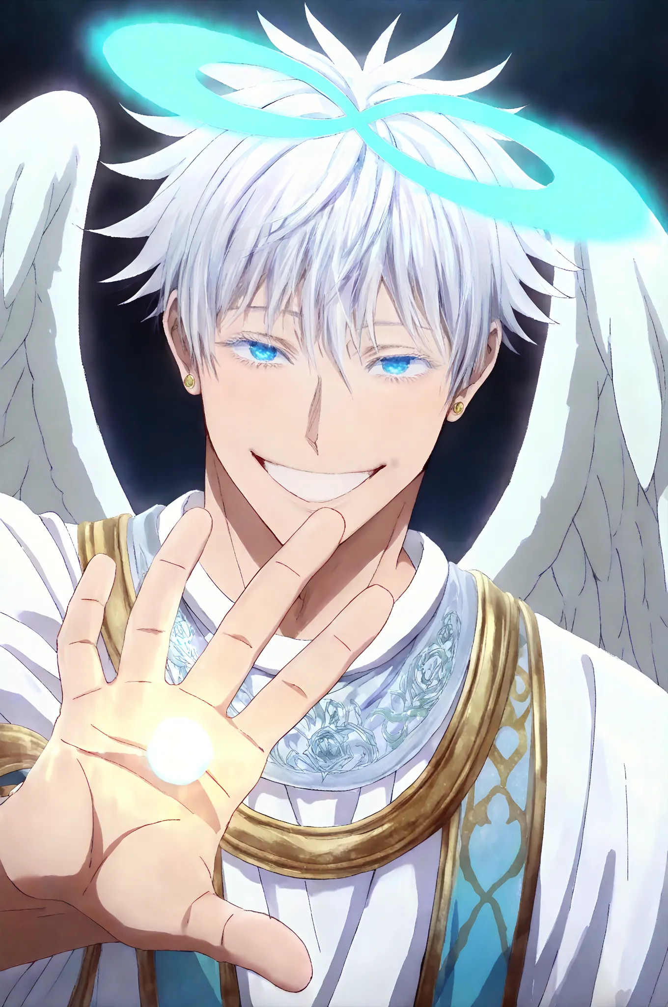 1boy, male focus, gojou satoru, jujutsu kaisen, short hair, hair between eyes, blue eyes, grin, squinting eyes, muscular, handsome, sexy man, mature male, cool, angel, large angel wings, infinity symbol shaped angel halo, blue glowing halo, Male Fantasy Cl...