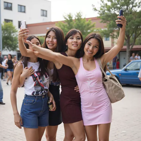 3 Latin girls standing on the schoolyard ,  Taking a selfie  , with fitted vinyl mini dress