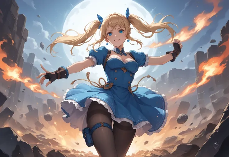  masterpiece,  best quality, bubble,   Blue Dress  ,fingerless gloves, thigh strap , pantyhose , blonde twin tails,  pretty face, medium, breasts, breast focus,  very detailed eyes, Intense gaze,  battle pose,  Destroyed Cities, A distant fire, Rising Smok...