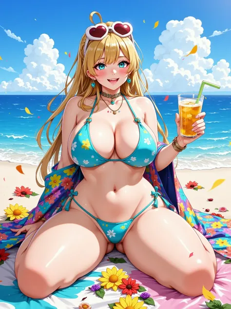 ((sexy girl, gyaru)) , fantasy, fantasy tops, long blonde hair, tan skin, and a small waist. gyaru gal, long hair down, sexy, cute, y2k, gyaru gal, beach, colorful, bikini, smiling, blue bikini, pale skin, tan lines, chubby, chubby body, heart sunglasses, ...