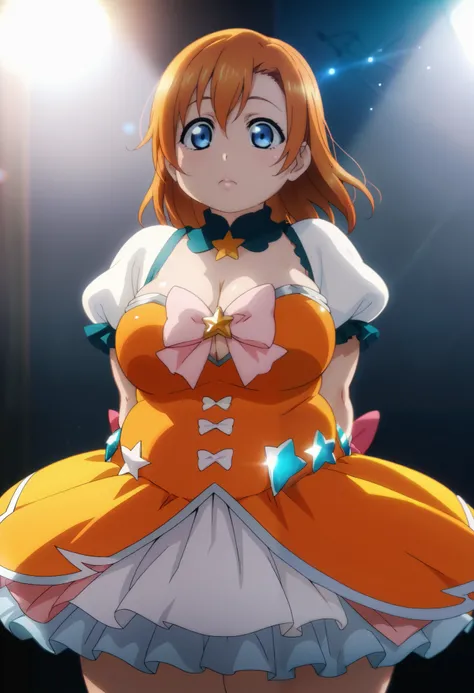 TRexStudio,source_anime, anime screencap,Shiny skin, kousaka honoka, orange hair , blue eyes,big breasts,dynamic lighting, detailed shading, HENTAI , cleavage , fat , magical girl clothes ,bbw,arms behind back