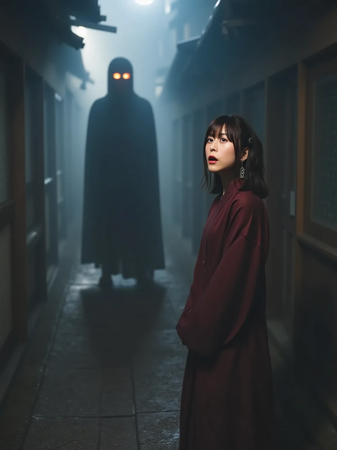 "A Japanese woman in a traditional outfit, looking shocked and terrified, is standing in front of a mysterious and eerie figure representing the leader of Japanese urban legends. The figure is tall, dark, and shadowy, with an ominous presence. The setting ...