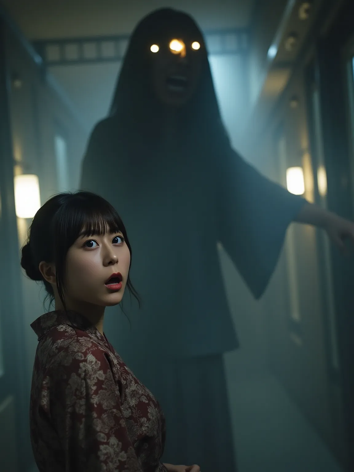 "A Japanese woman in a traditional outfit, looking shocked and terrified, is standing in front of a mysterious and eerie figure representing the leader of Japanese urban legends. The figure is tall, dark, and shadowy, with an ominous presence. The setting ...