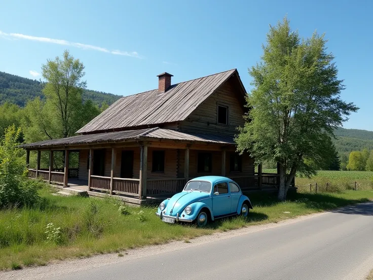 abandoned fully single-storey wooden house, On the side of the road, with a wide porch that runs through the entire house, on a sunny day and blue sky, with a yard full of thickets, Behind a hill, with trees, parked under a tree a blue beetle car in front ...