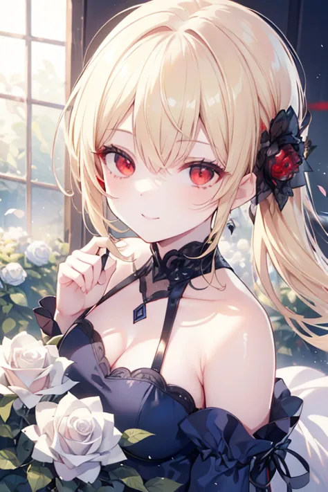 One blonde girl、red eyes、poneyTail、a blue dress、off shoulders、Garden of white roses、smile , (masterpiece: 1.2), Best Quality, High resolution, Unity 8k Wallpaper, (Illustrations: 0.8), (Beautiful red eye details: 1.6), extra detailed faces, Perfect Lightin...