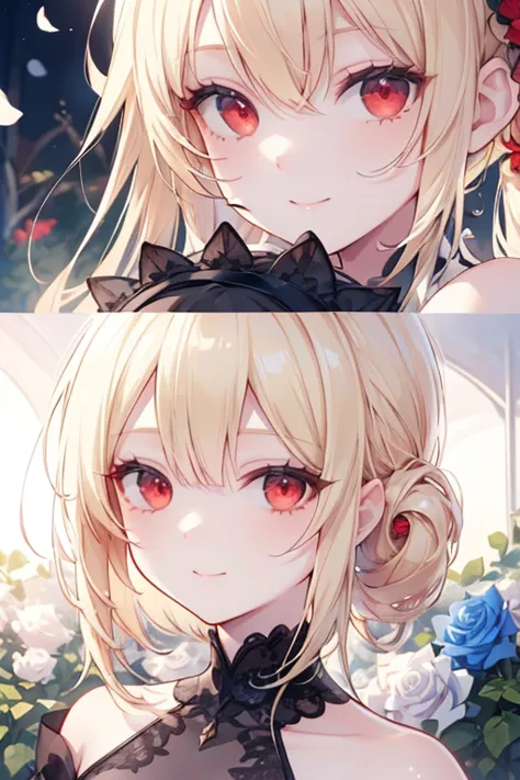 One blonde girl、red eyes、poneyTail、a blue dress、off shoulders、Garden of white roses、smile , (masterpiece: 1.2), Best Quality, High resolution, Unity 8k Wallpaper, (Illustrations: 0.8), (Beautiful red eye details: 1.6), extra detailed faces, Perfect Lightin...