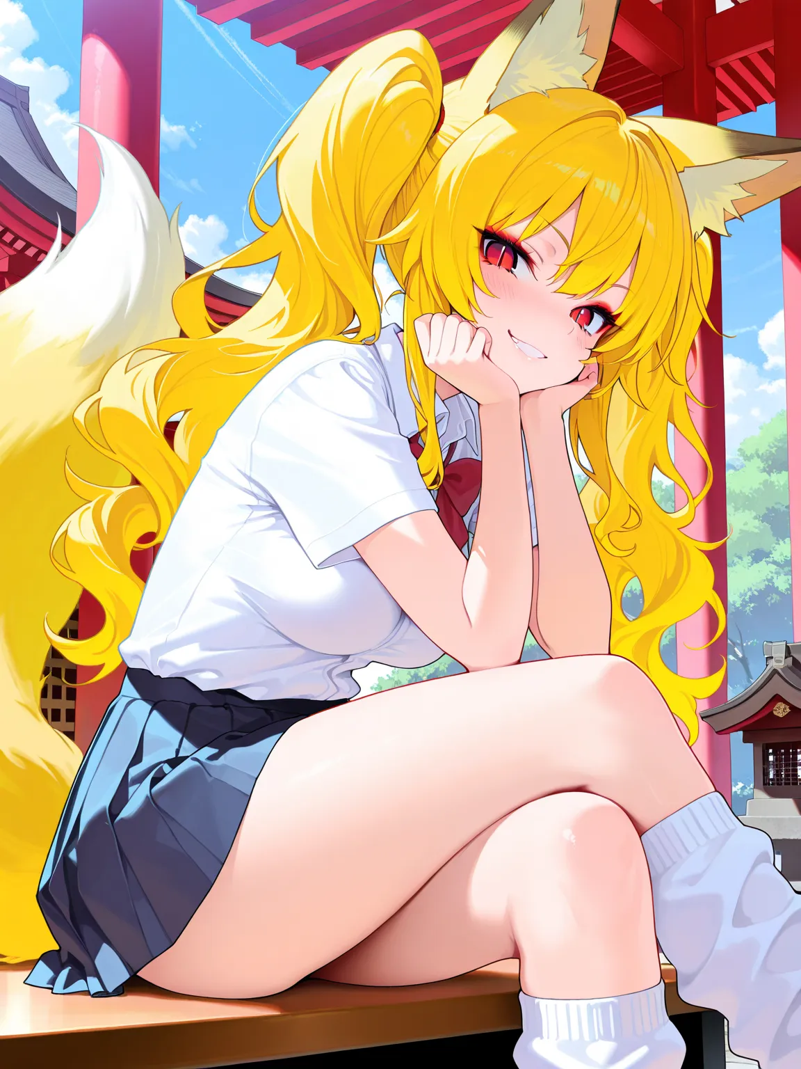 masterpiece,best quality,Very detailed,amazing quality
1girl,kyuubi,eyeshadow,fox ears,yellow hair,twintails,wavy hair,red eyes,slit_pupils,medium breasts,school_uniform,loose_socks,sitting_on_table,crossed_legs,naughty_face,head rest,day,shrine,