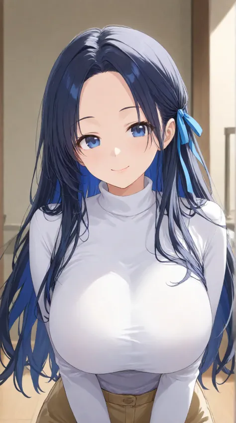 Big Breasts,   long hair,   black hair , bangs,    ,  smile  , （One girl 1.5）, blue hair ribbon、（ 1.5）solo、