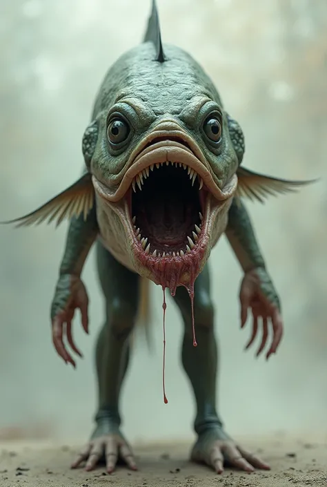 An angry screaming fish with a human face and human legs