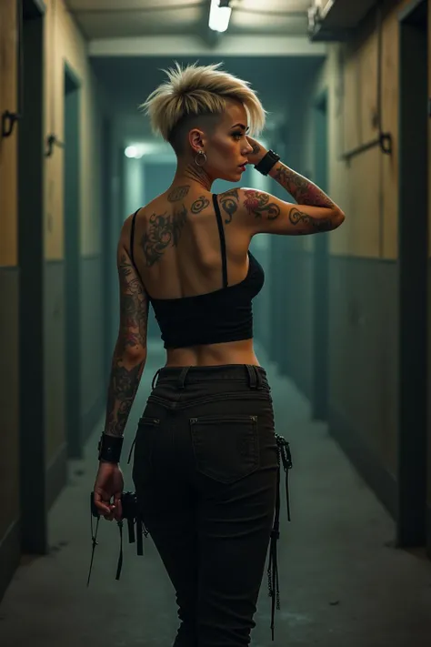 Punk beauty short hair tattooed slowly moves forward and approaches the camera.  Her movements are real ,  as she strokes her hair back and turns around .  The scene is realistic and smooth , with vivid details .  the main subject is dynamically presented ...