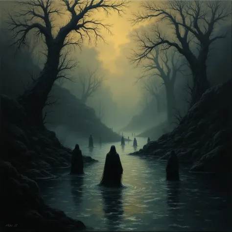 The river styx underworld, oil painting, done with japanese brush technique, realistic, extreme detail, scary, terrifying, dark and warm environment, 8k Witcher 