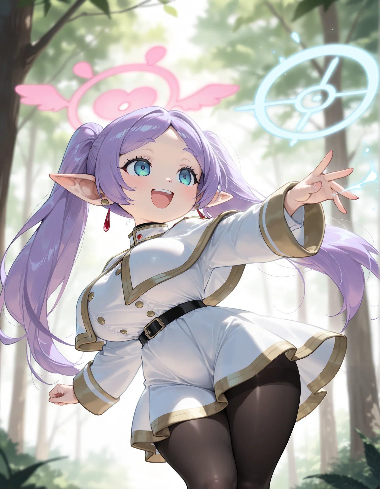 ((masterpiece, best quality, extremely detailed)),sfw,fantasic illustration,in nature forest,daytime,1girl,solo,(Hanae blue archive),big smile,wide open mouth,(shortstack,frieren costume),white magic robe,white skirt,black tights,