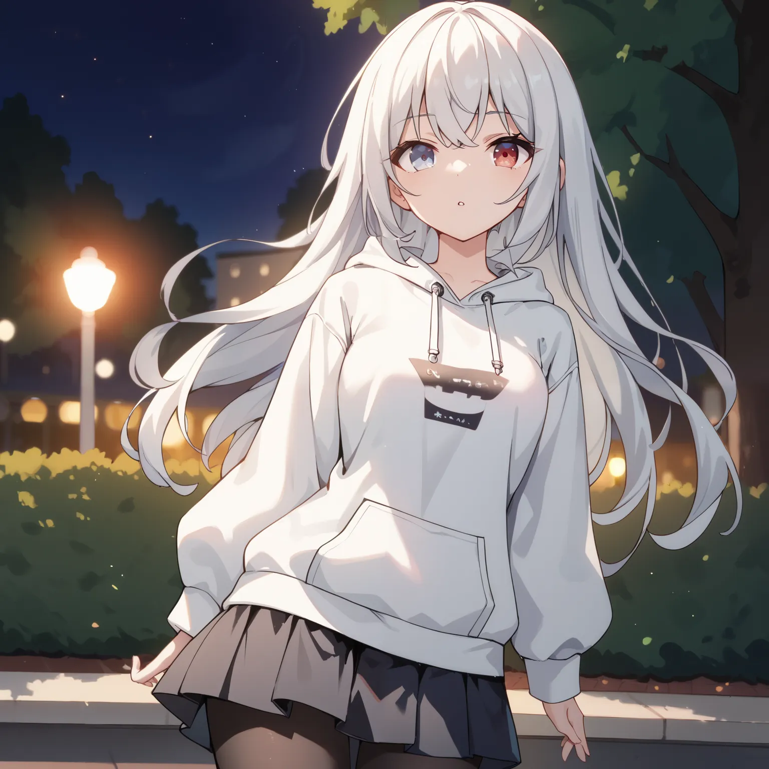 1 girl, white hair, long hair, red eyes, blue eyes, odd eye, white hoodie, park, night, black pantyhose, black mini Skirt, front shots 