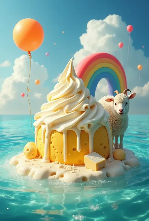 Maldives, rivers of milk and the planet itself is made of cheese, against the background of clear water, lamb and goat, parmesan clouds and cheese balloons, a very big rainbow and ice cream is dripping off it 