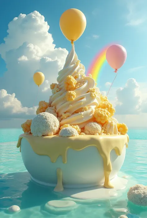 Maldives, rivers of milk and the planet itself is made of cheese, against the background of clear water, lamb and goat, parmesan clouds and cheese balloons, a very big rainbow and ice cream is dripping off it 