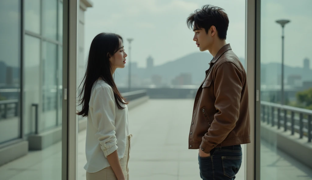 Heartbreaking scene of two people, Miyabi, Japanese, a woman in her 30s, big breasted, with long black hair, wearing a white shirt and cream shorts and a Korean man, Lee Min Ho, handsome, athletic body, in his 25s, wearing a brown leather jacket and black ...