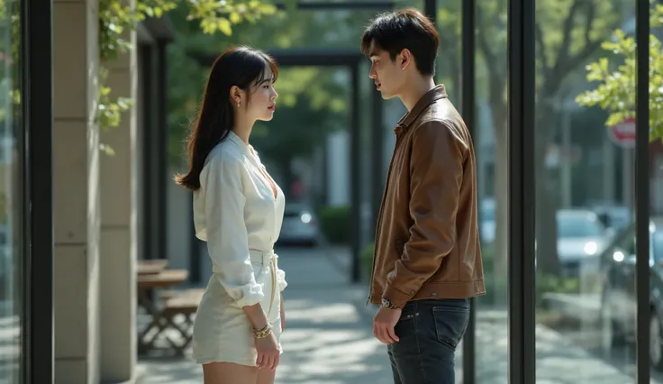 Heartbreaking scene of two people, Miyabi, Japanese, a woman in her 30s, big breasted, with long black hair, wearing a white shirt and cream shorts and a Korean man, Lee Min Ho, handsome, athletic body, in his 25s, wearing a brown leather jacket and black ...