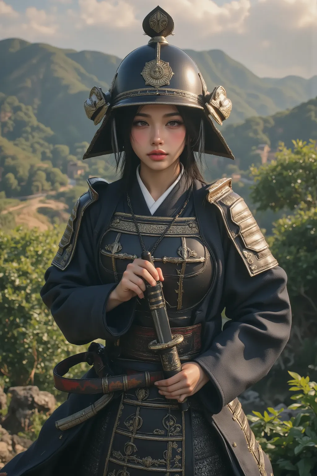 A young woman in samurai armor with katana.