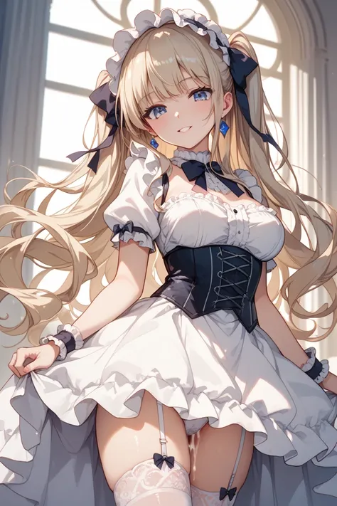 Beautiful girl with platinum blonde hair　 female elementary school student　 Gothic Lolita　White Lolita　 white dress　青色のラインが入った white dress　The skirt is slightly raised　The garter belt is visible　 thighs are visible　Clear fluid is dripping from the crotch t...