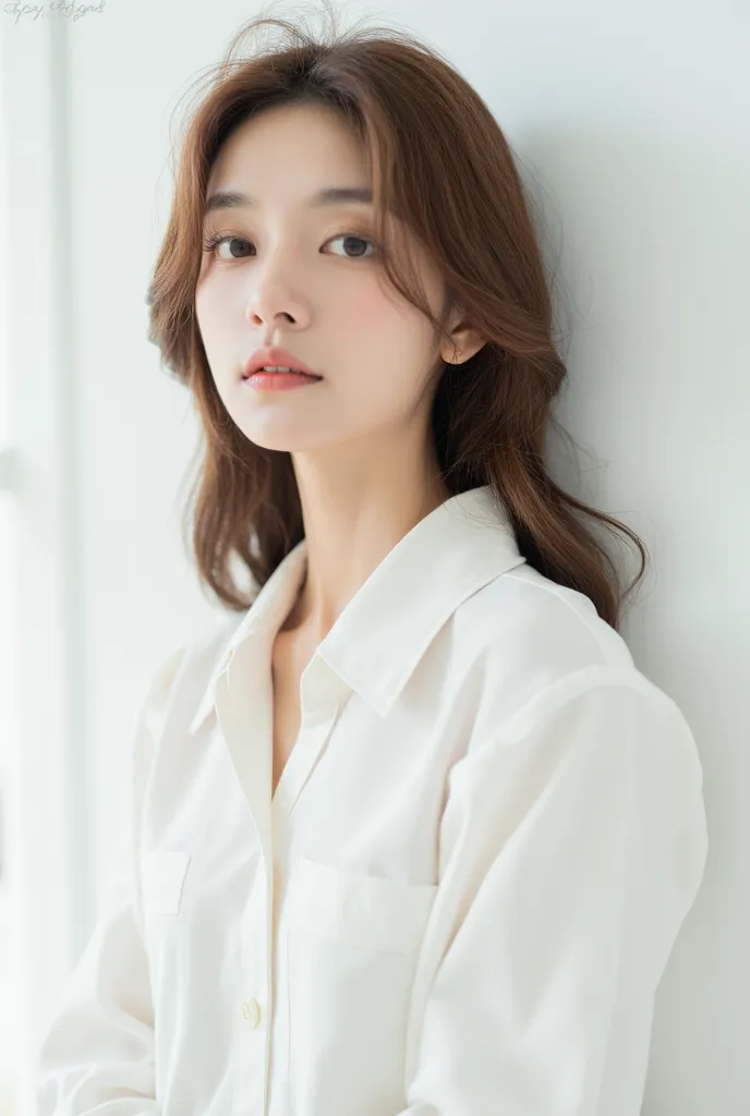  is facing the front　 upper body　　A woman with smooth hair that hangs over her shoulder　has golden streaks　 white background、 white shirt　30th Generation