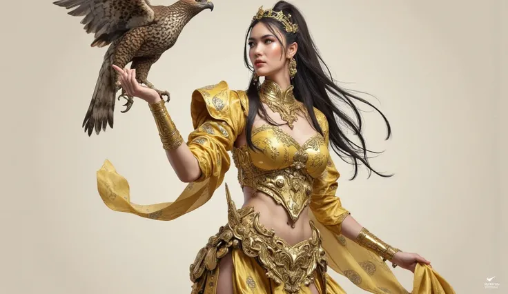 A realistic image of a beautiful female warrior in fantasy-inspired armor. She has long, flowing black hair tied up in a high ponytail, adorned with a golden crown and intricate jewelry. Her outfit consists of gold-woven fabric with delicate patterns and a...