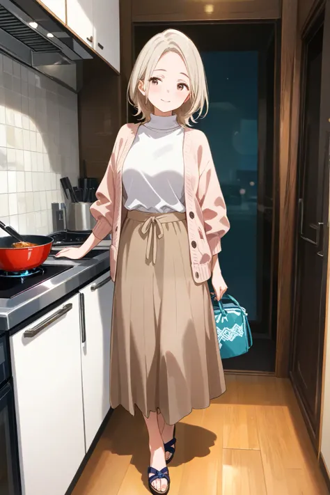 A 40 year old mother wearing a turtleneck and cardigan, then a long midi skirt and sandals and the atmosphere is in the kitchen with her ren. 