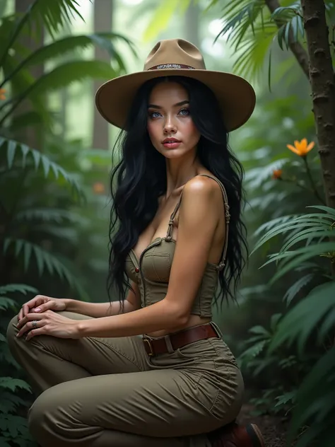   ultra-realistic photography  ,Model,  very pretty.  woman with black hair .   blue eyes  . in the jungle .  Safari-Outfit. 