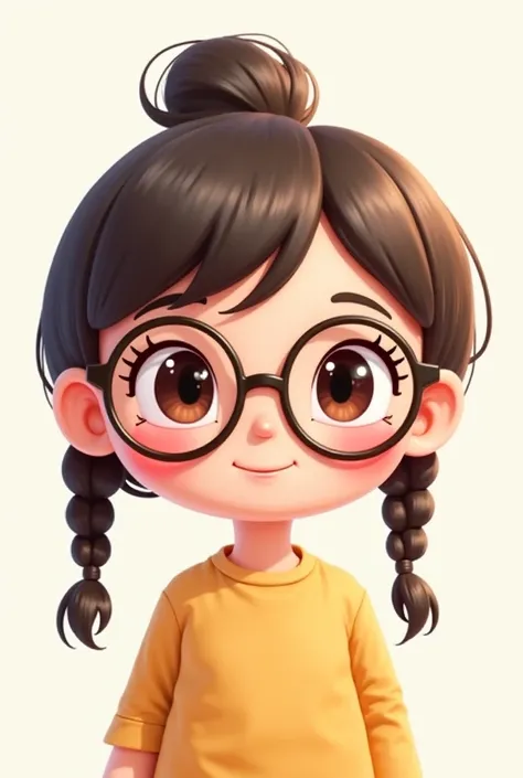 a chibi drawing of a head of a girl, in 2 braid hair. she has a glasses on. make her look cute please 