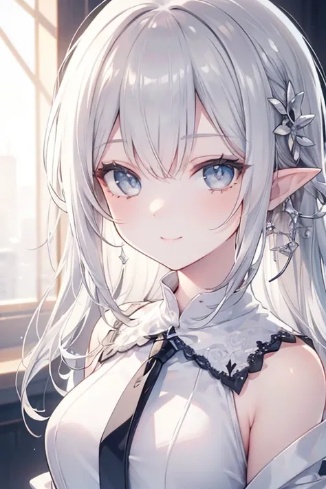 (masterpiece,best quality,ultra-detailed),1girl,white hair, pointy ears,beautiful and detailed face, smile, detailed eyes,white shirt, white skirt, tie,night,fog,((grey and white theme)) , (masterpiece: 1.2), Best Quality, High resolution, Unity 8k Wallpap...