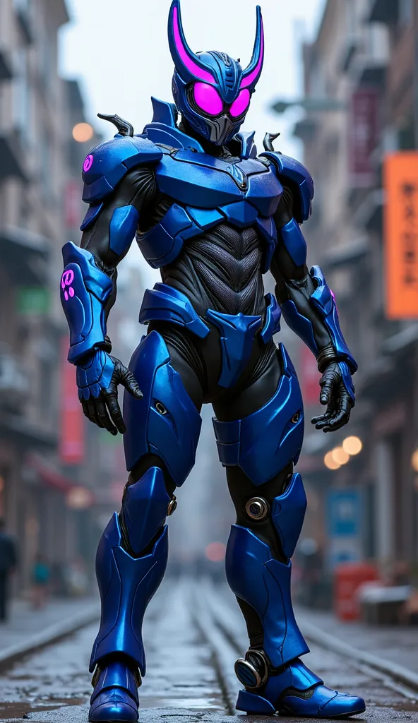 masterpiece, 8k, HDR,  ultra-realistic, highly detailed, full-body view, You can see your feet，Kamen Rider transformation, armored warrior, insect-themed design, beetle-inspired helmet, sleek blue armor, segmented plating, sharp details, subtle barbs on ga...