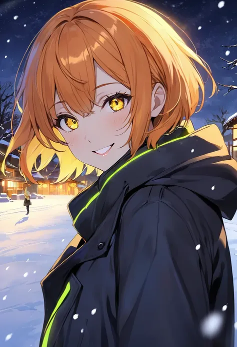  adult woman, short orange hair and neon yellow eyes、 fearless smile 、 face、man wearing a coat、Snowy night landscape