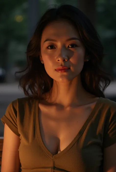  masterpiece,  best quality,  extremely detailed,  Hyper Realistic, photorealistic, A beautiful Japanese model in her 40s, In the Night:1.2, [Warm colors,  warm tone, Khaki T-shirt:1.2, with star and galaxy trails:1.is sitting near a bonfire,  in the woods...