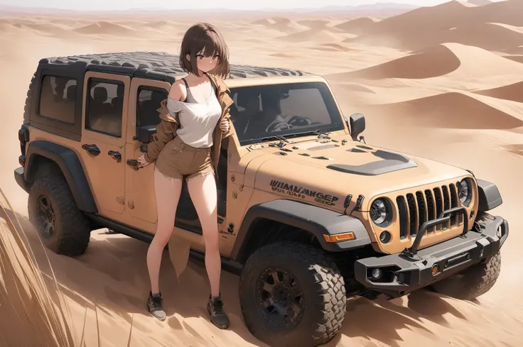 (masterpiece, detailed:1.2), One Girl, (18-years old), brown long Bob Cut, Medium Breasts, off shoulder, BREAK, Highest quality, in desert, BREAK, standing,"Jeep Wrangler", from avobe